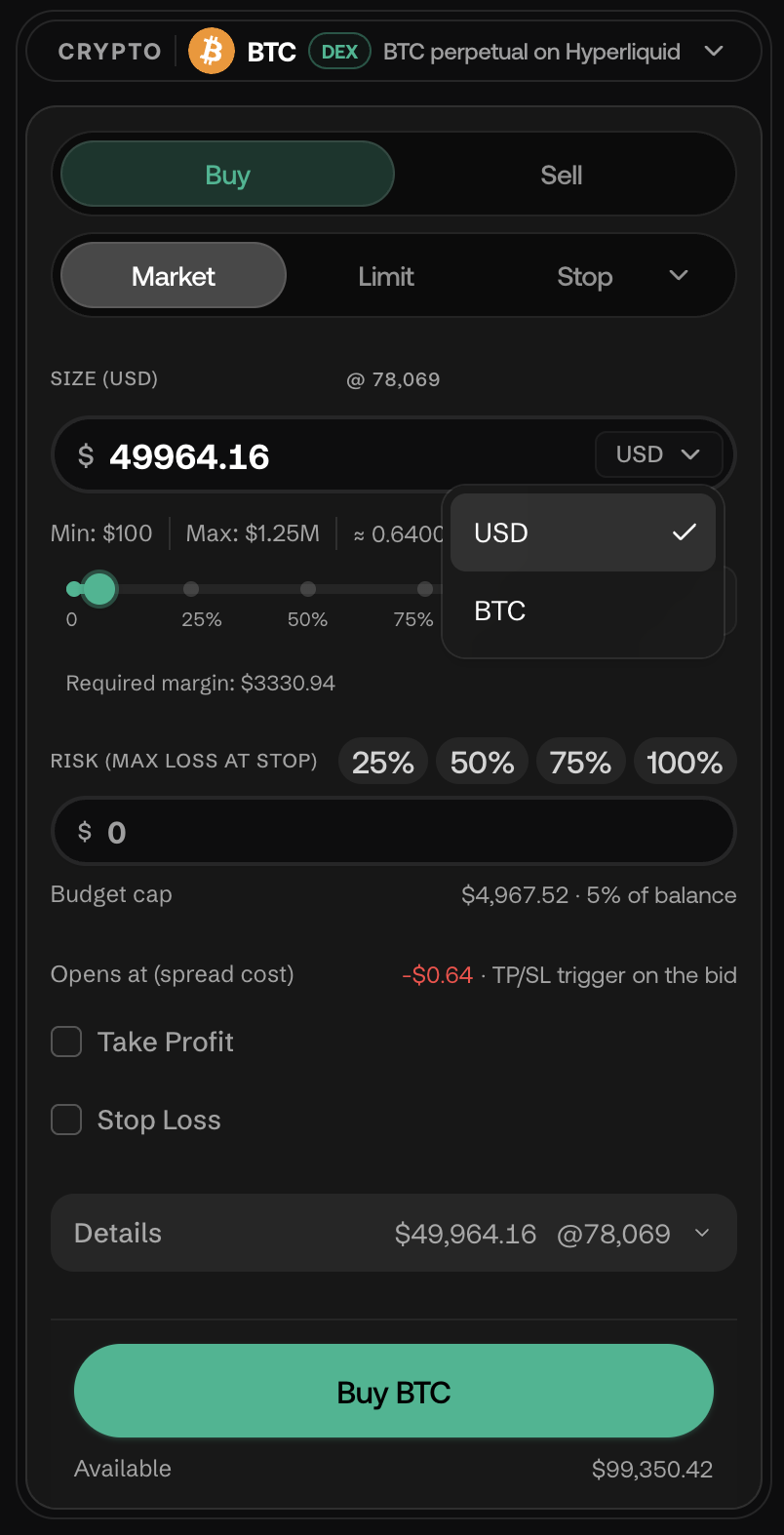 Order Panel: Buy/Sell toggle, Market/Limit/Stop dropdown, size, risk, and Take Profit/Stop Loss