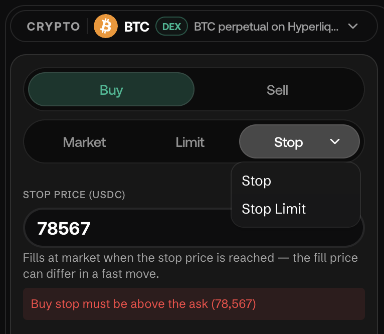 Order type dropdown expanded, showing Stop and Stop Limit options