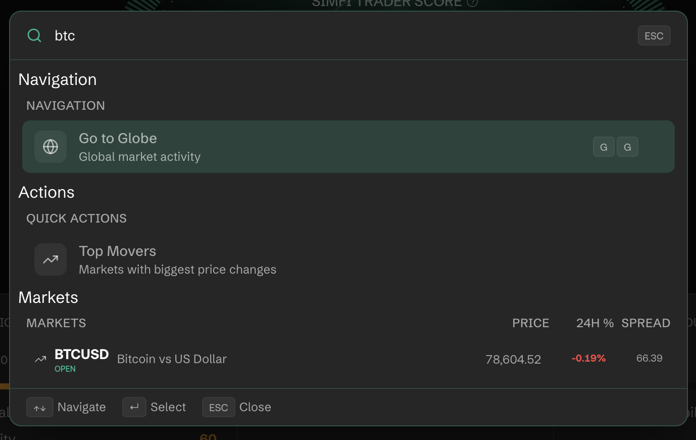Quick Search open on the Markets list, showing symbol, price, 24H %, and spread columns