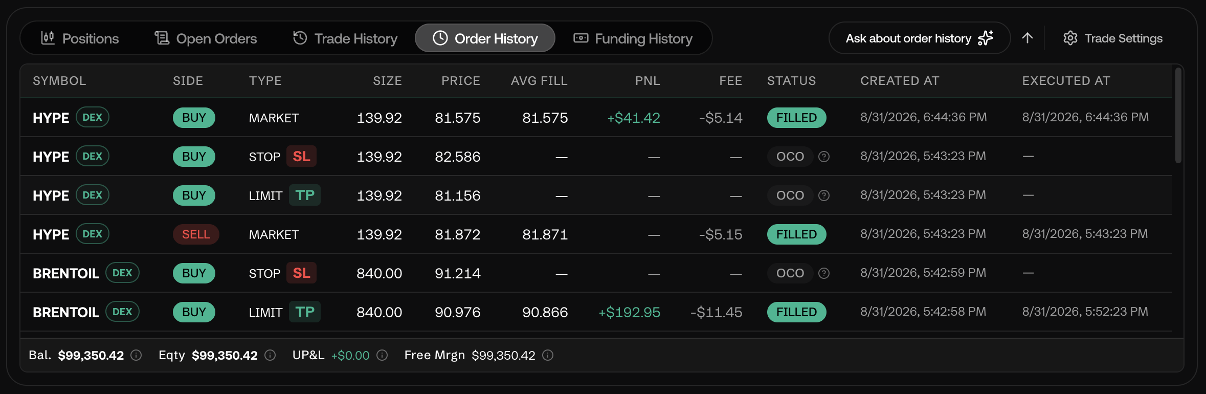 Order History tab: Type and Status columns showing a filled market order